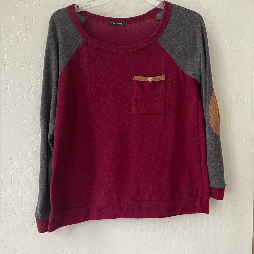 Pink Clover Lightweight Faux Suede Elbow Patch Raglan  Sweater Top small